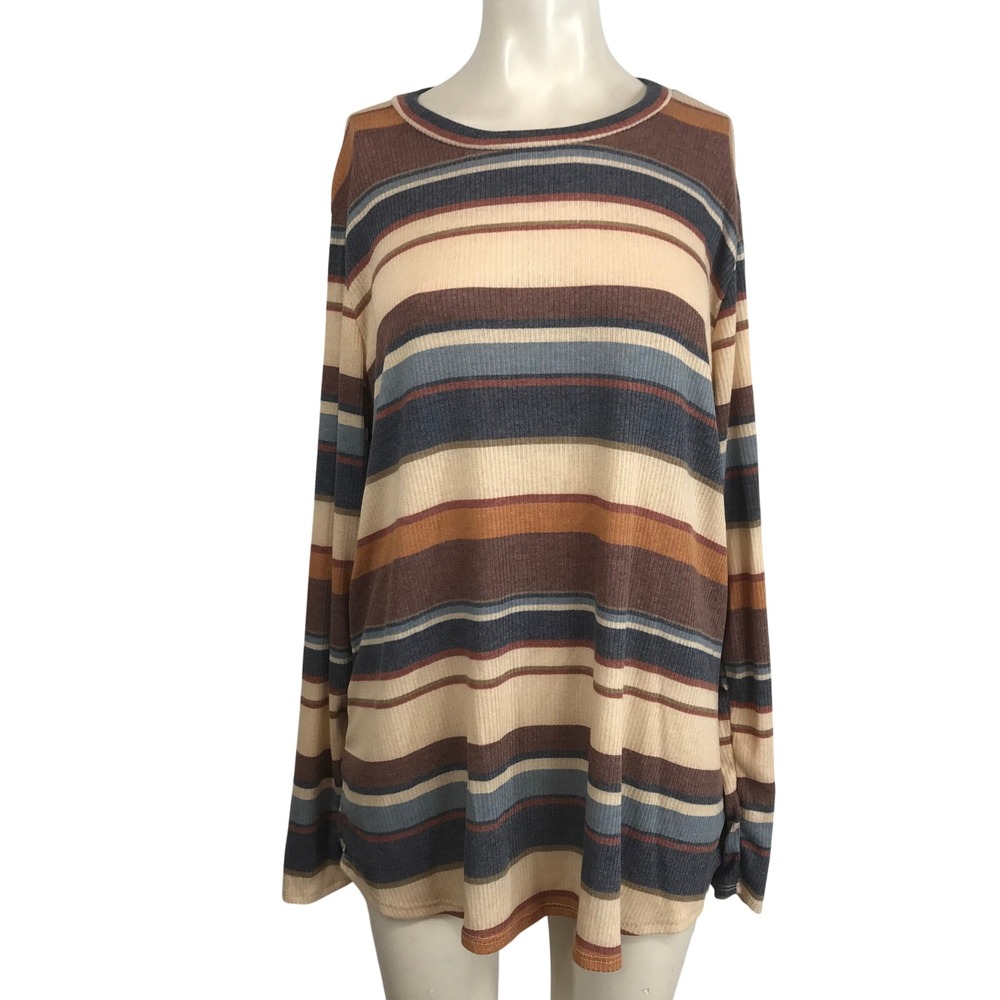 BOMBOM Striped Long Sleeve Crew Neck Top Womens XL Beige Brown Blue Ribbed